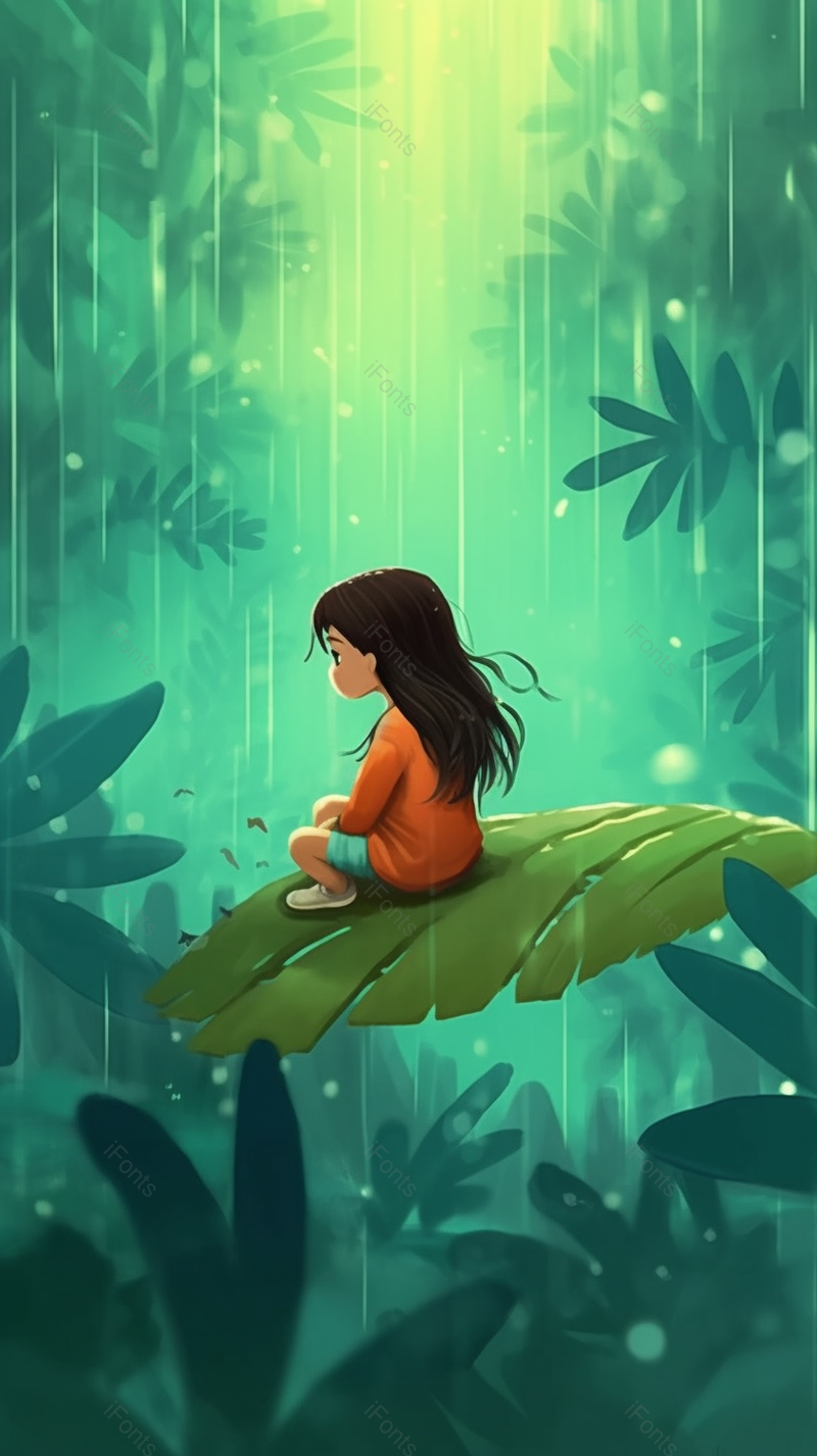 雨中小女孩坐在石头上观望着风景创意儿童插画设计背景,插画/手绘图,插画/手绘图库,插画/手绘图下载,插画/手绘